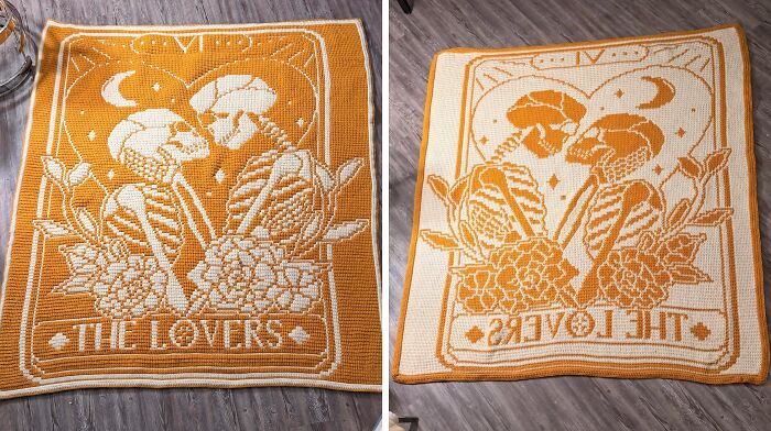 A reversible crochet blanket featuring skeletons and flowers, showcasing a useful DIY crochet creation.