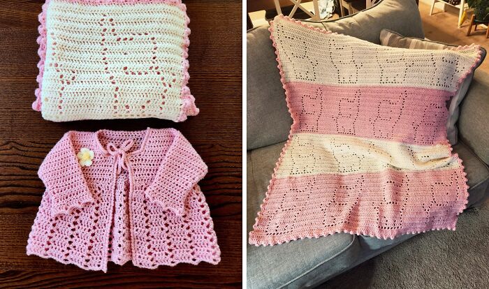 Two images side by side of DIY crochet creations: a pink baby cardigan and a pink and white baby blanket with elephant patterns.
