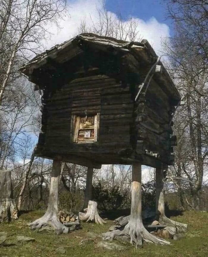 A dark, rustic wooden hut elevated on tree stumps in a barren landscape, a potentially creepy image that feels like nightmare fuel.