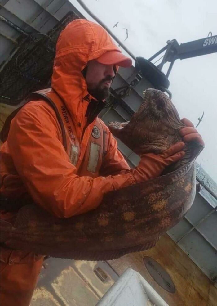 A fisherman in an orange suit holding a massive, creepy-looking eel with a wide-open mouth, nightmare fuel for some.