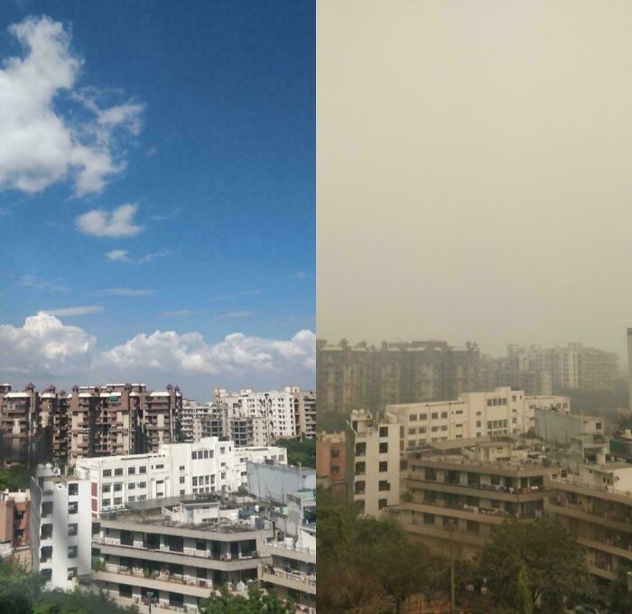 A split creepy image showing a city skyline with clear blue skies on one side and a heavily polluted, nightmare fuel sky on the other.
