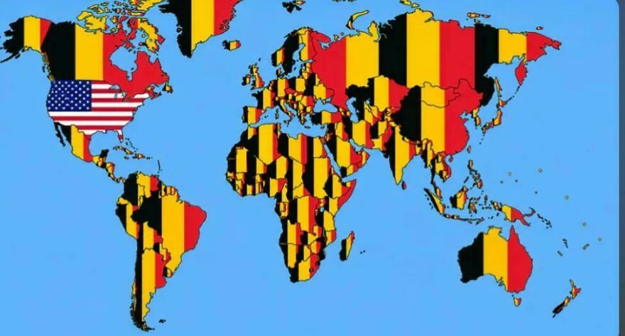 A World Cup meme world map with flags, mostly Belgian, but the US flag is on North America.
