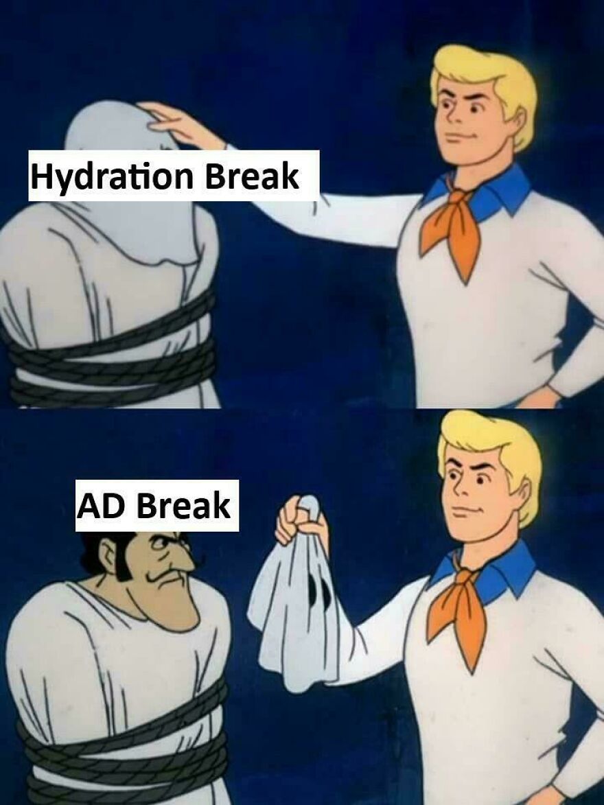 Fred unmasking Hydration Break as AD Break in a Scooby Doo meme, highlighting World Cup chaos.