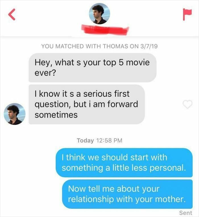 Funny Tinder Texts Messages, a screenshot of a humorous exchange about top 5 movies and relationship with mother.