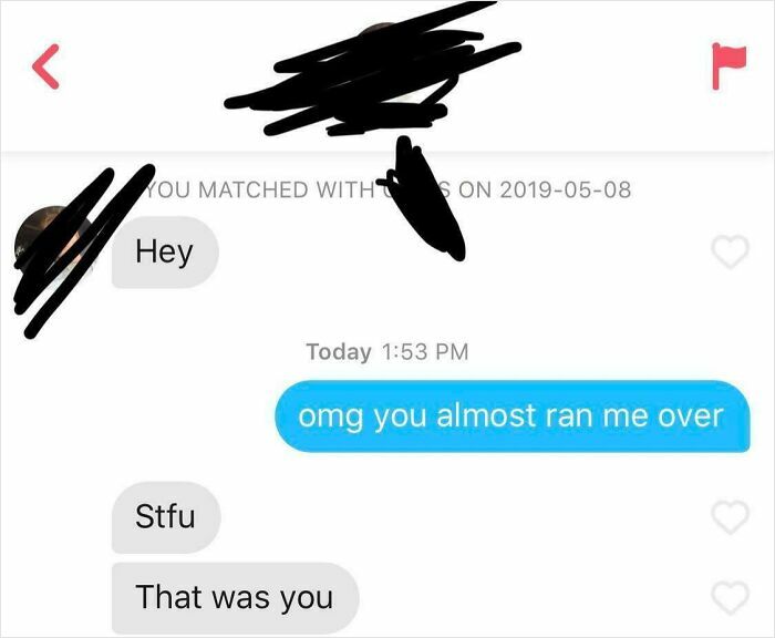Funny Tinder Texts Messages, a screenshot of a funny exchange where someone was almost run over by their Tinder match.