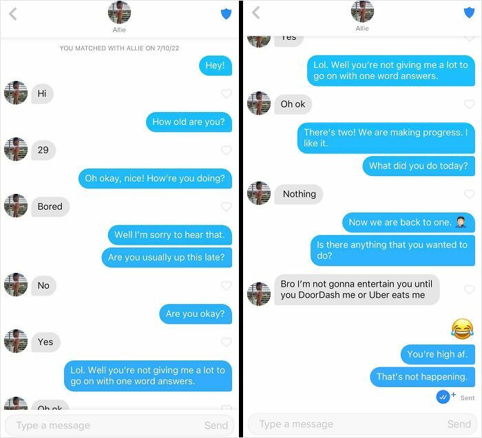 Funny Tinder Texts Messages, a two-part screenshot showing a frustrating exchange with one-word answers.