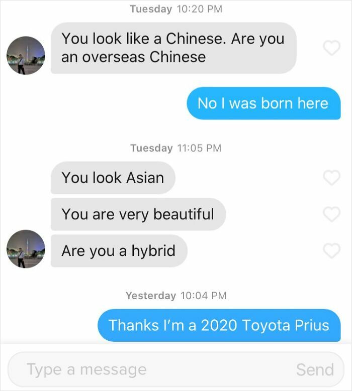 A screenshot of funny Tinder texts featuring a conversation where one person is asked if they're a hybrid.