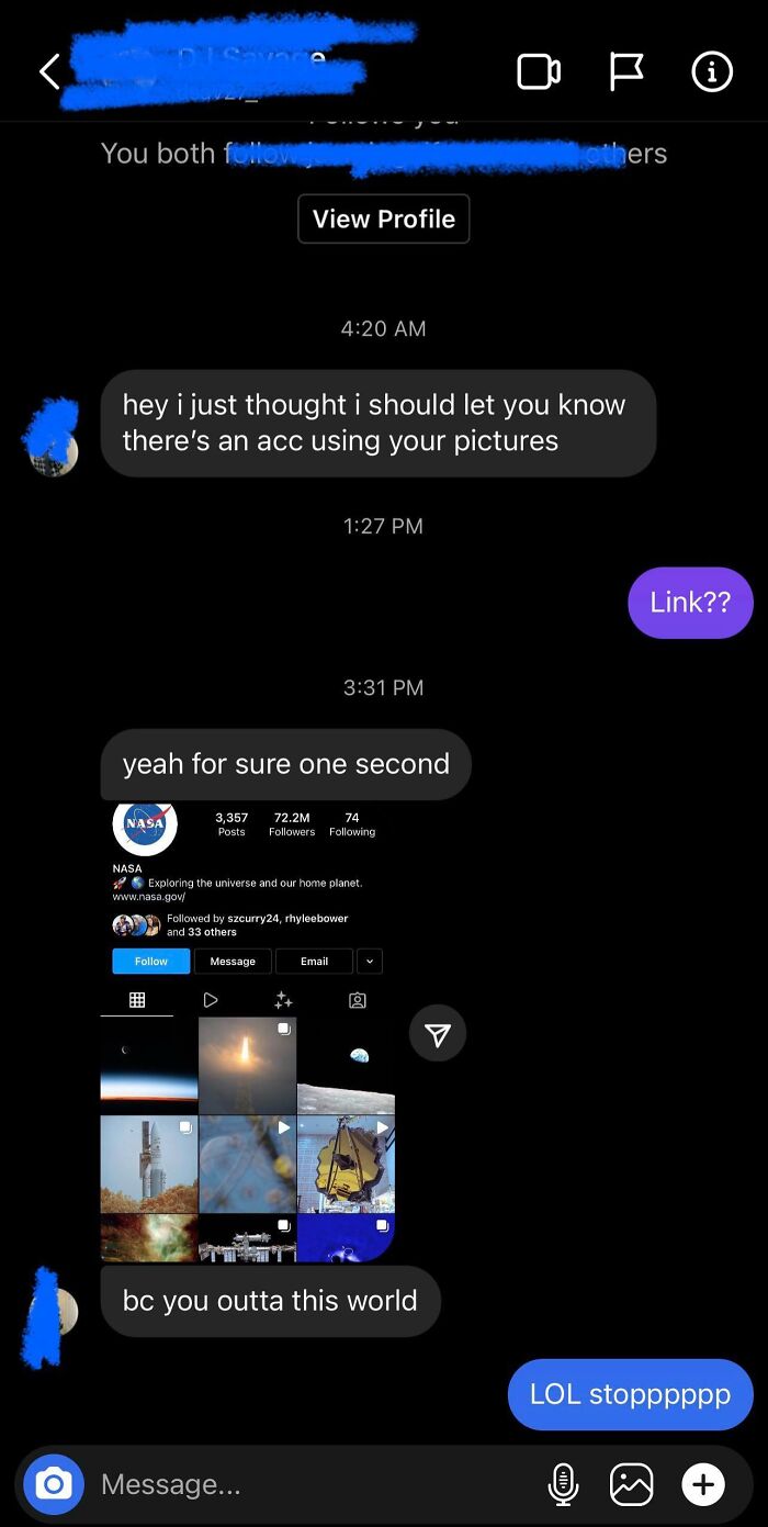 A screenshot of funny Tinder texts with a pickup line using NASA pictures to say bc you outta this world.