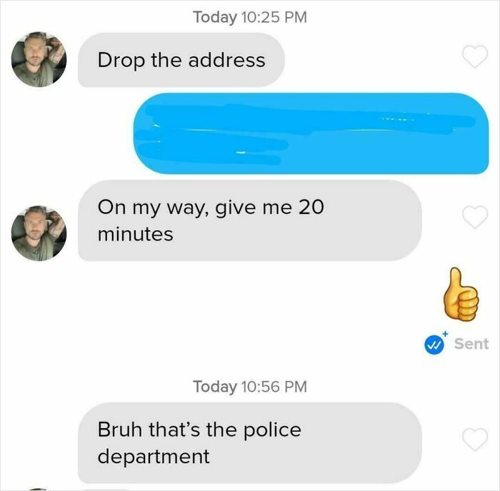 Funny Tinder texts showing a user sending an address to the police department.