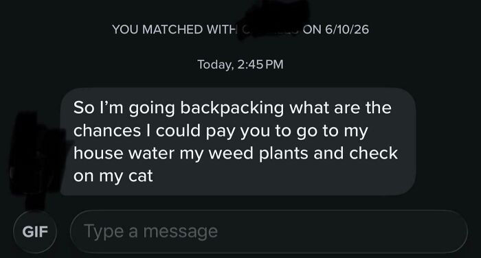 A screenshot of funny Tinder texts with an unusual request for a plant and cat sitter.