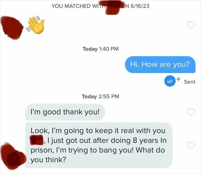 A screenshot of funny Tinder texts showing a blunt and direct message after being matched.