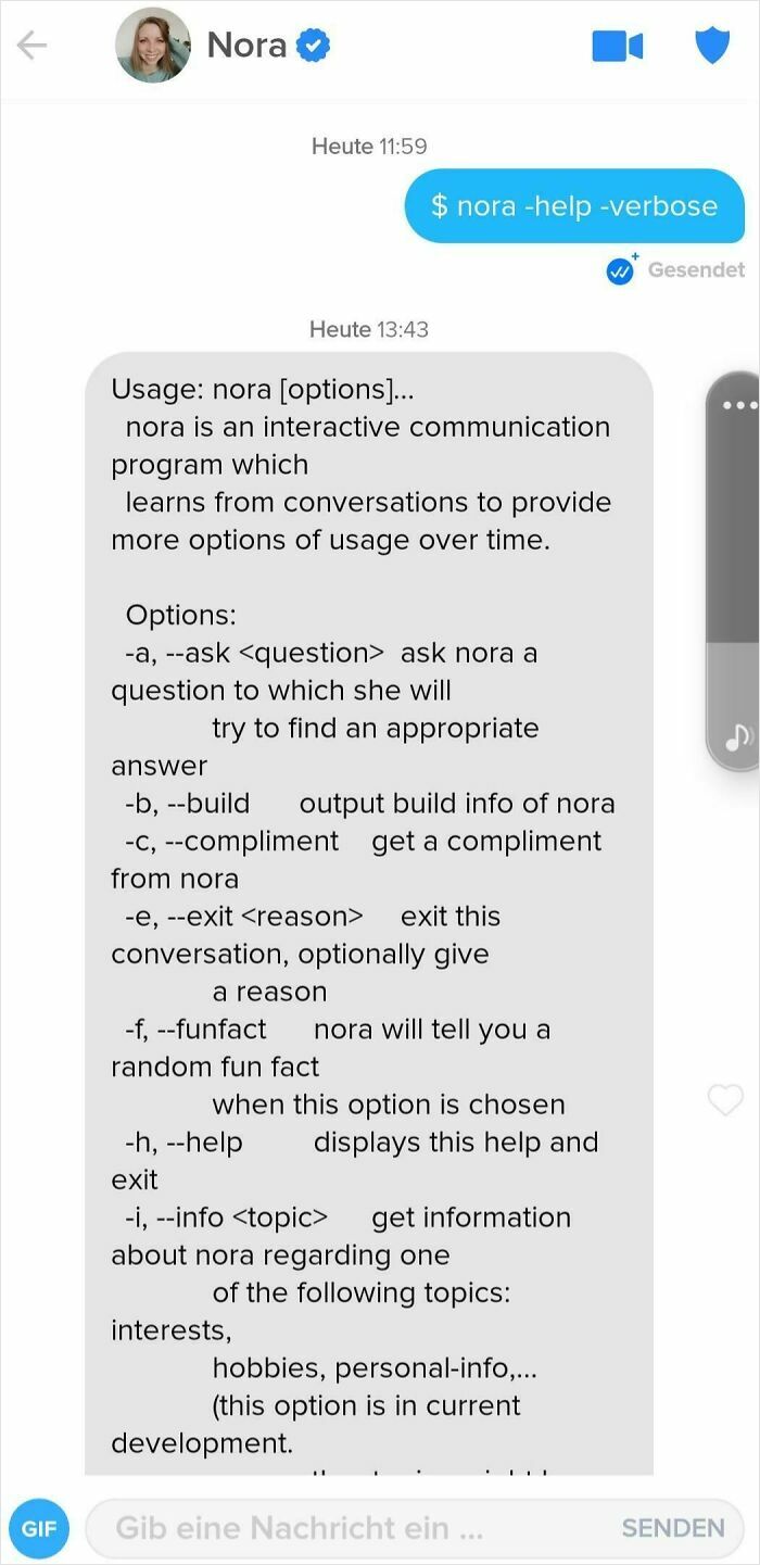 A screenshot of funny Tinder texts featuring a conversation with a bot named Nora.