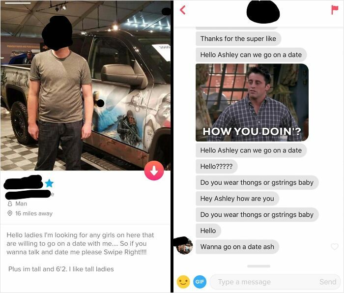 Funny Tinder Texts Messages with a man's cringe profile and repeated pickup lines to Ashley.