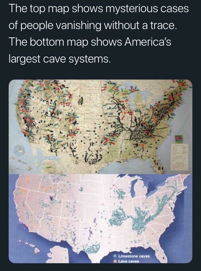 Two maps displaying creepy images: the top map shows cases of people vanishing, the bottom map shows cave systems.