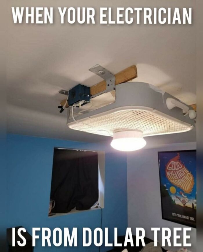 A poorly installed ceiling fan, representing a ridiculous post and cultural decline.