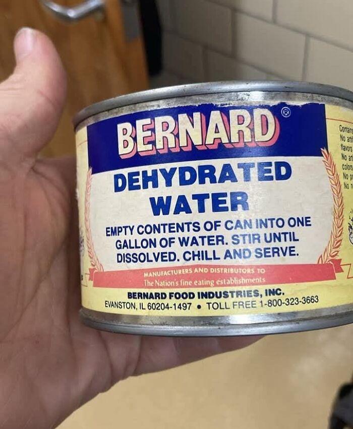 A can labeled Bernard Dehydrated Water, an example of a ridiculous post showing cultural decline.