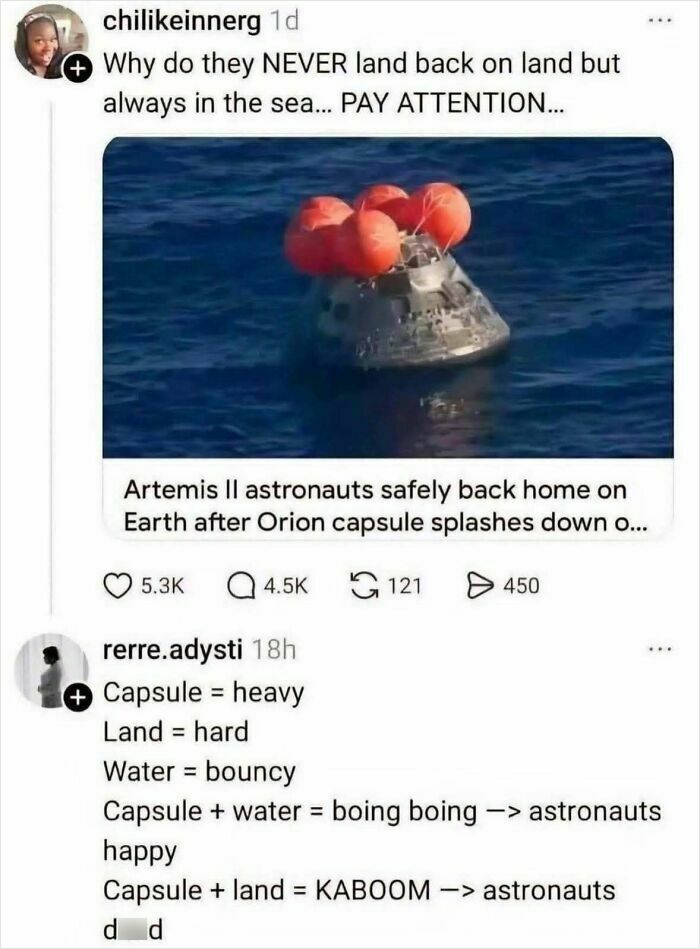 A social media post with a ridiculous question about space capsules landing in the sea and a humorous, sarcastic response.