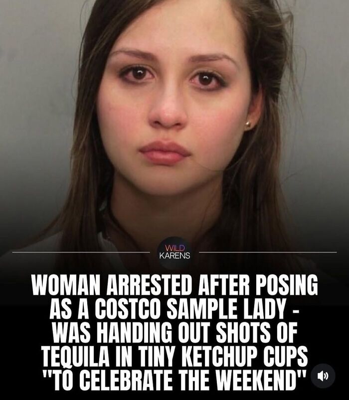 A mugshot of a woman arrested for giving out tequila samples at Costco, an example of cultural decline.