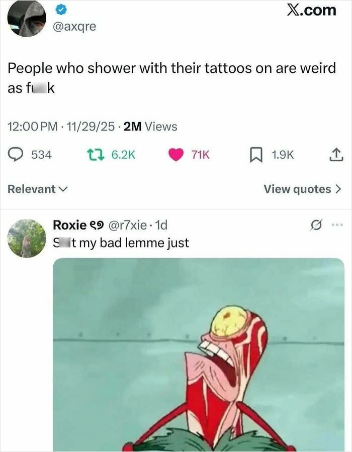 A screenshot of a social media post expressing a ridiculous take on showering with tattoos, part of cultural decline.