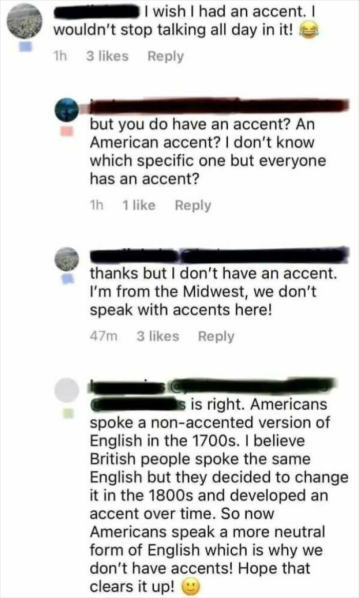 A social media discussion about American cultural decline and accents, with users debating if Americans have accents or not.