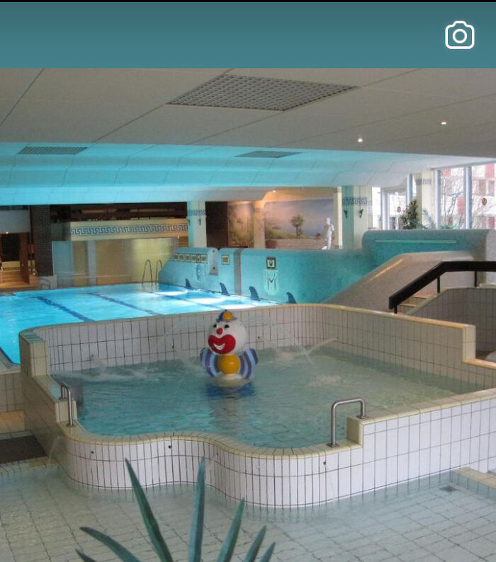 Creepy images of an eerie, empty indoor swimming pool with a deflated clown float in a smaller pool.