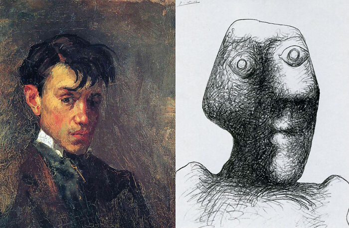 A split image of a painted portrait and a creepy, distorted pencil sketch. These images are truly nightmare fuel.