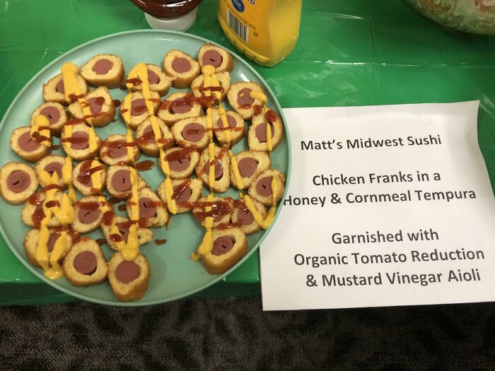 A platter of mini corndogs with ketchup and mustard, named Matt's Midwest Sushi, a piece of disgusting food.