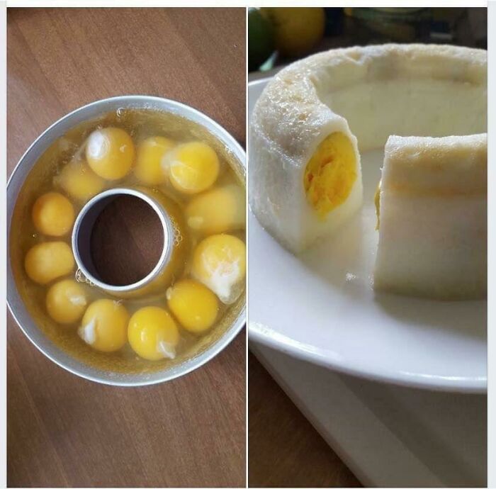 A two-panel image showing a bundt pan full of raw eggs and a cross-section of the finished disgusting food.