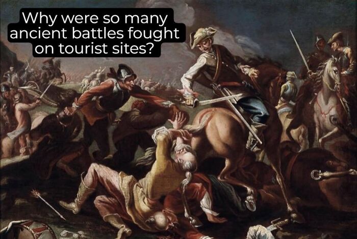 A meme with a painting of an ancient battle, questioning the cultural decline into idiocy.
