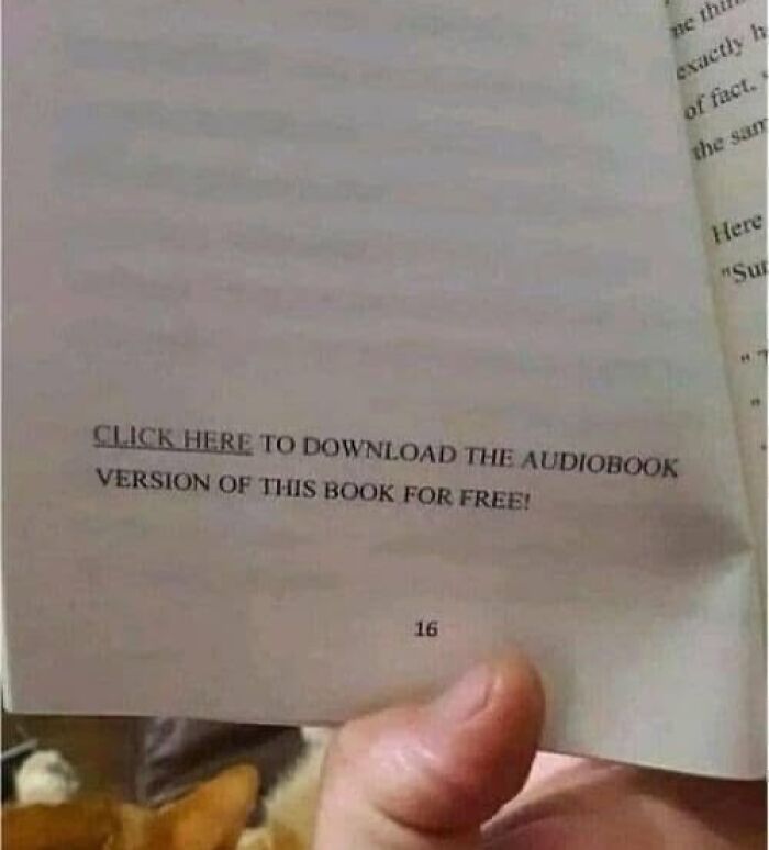 A page from a physical book with CLICK HERE to download the audiobook version of this book, a ridiculous post showing cultural decline.