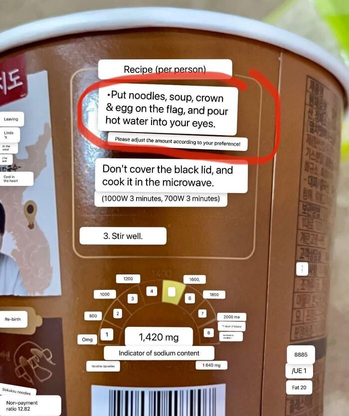 Meme showing ridiculous instant noodle instructions to pour hot water into eyes, a funny cultural decline example.