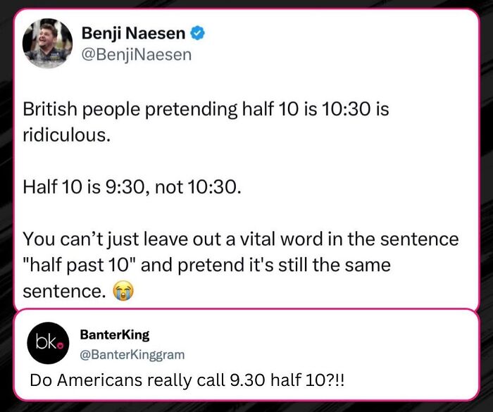 A tweet from Benji Naesen discussing cultural decline and the ridiculous difference in understanding time, specifically half 10.