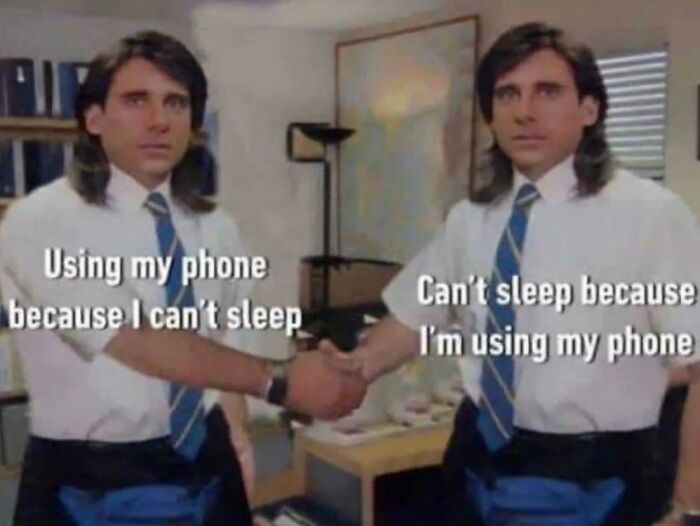 A meme from No Context Humans showing two men shaking hands, illustrating phone use and sleep, shared on X, entertaining 6.6M people.
