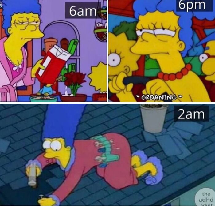 A meme with Marge Simpson showing her day at 6 AM, 6 PM, and 2 AM. These memes are shared on No Context Humans.
