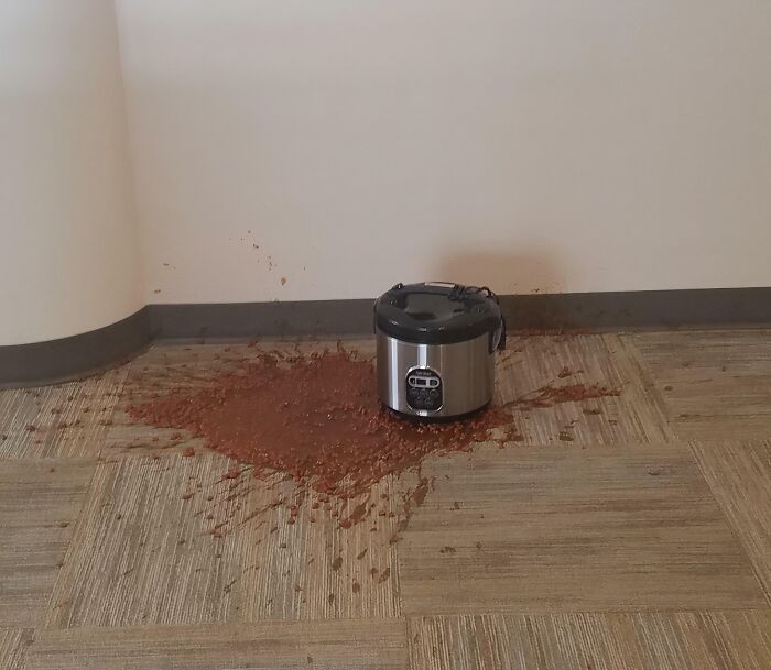 A rice cooker with a large spill of food on the carpet, a piece of disgusting food.