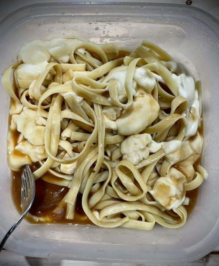 A close-up of a container filled with disgusting food: noodles in a brown liquid with white, lumpy dollops.