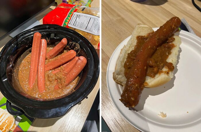 A dual image showing hot dogs in chili in a slow cooker and on a bun, an example of disgusting food.