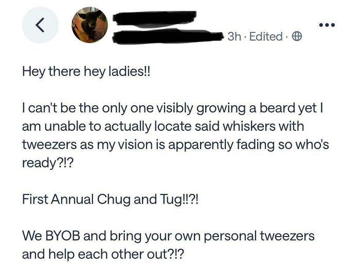 A hilarious screenshot from a neighborhood online community post about a beard and a 'Chug and Tug' event.