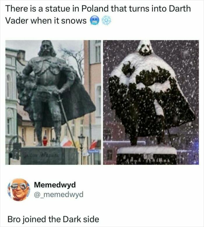 A statue in Poland before and after snowfall, transforming into Darth Vader, a funny pop culture post.