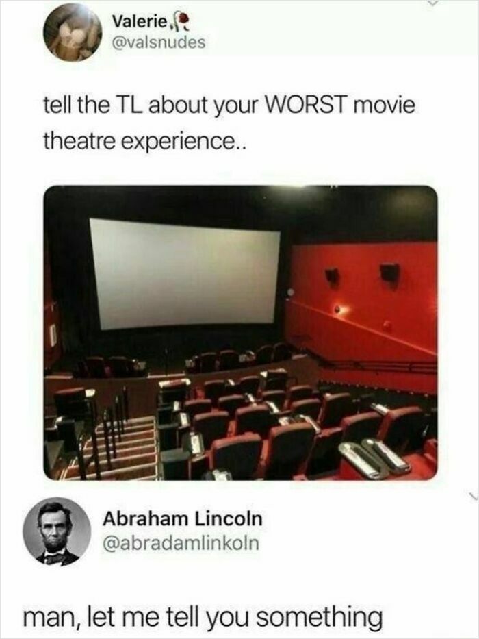 An empty movie theater with red seats and a large screen. A funny pop culture post about movie experiences.