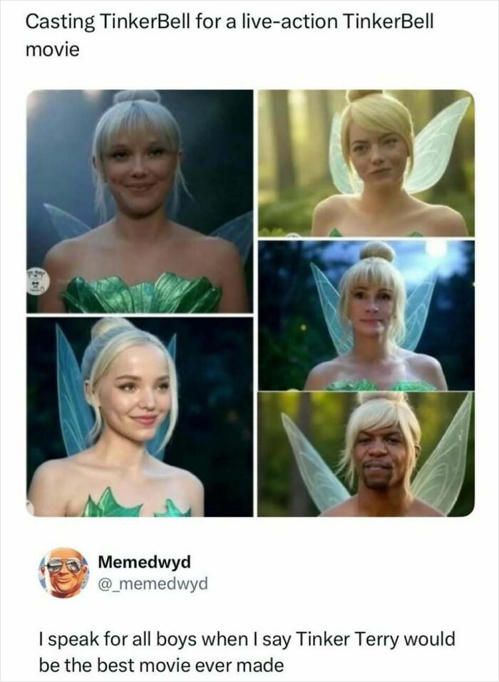 Funny pop culture posts showing various actors considered for TinkerBell, including a humorous male option.