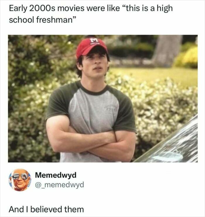 Funny pop culture posts: A teenage boy from an early 2000s movie, looking contemplative with crossed arms.