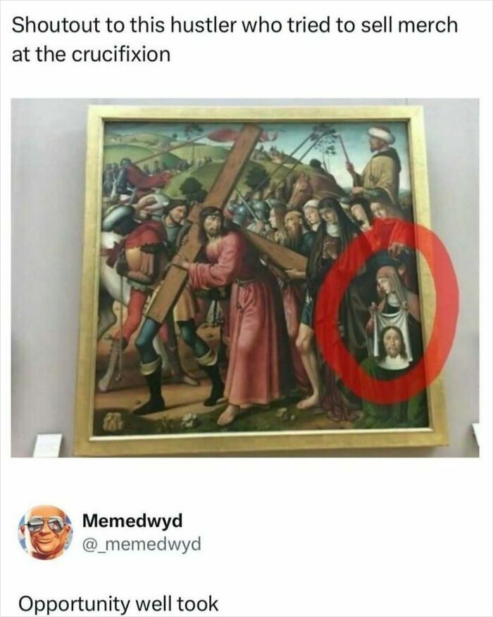 A classical painting depicting the crucifixion, with a detail circled in red, a funny pop culture post.