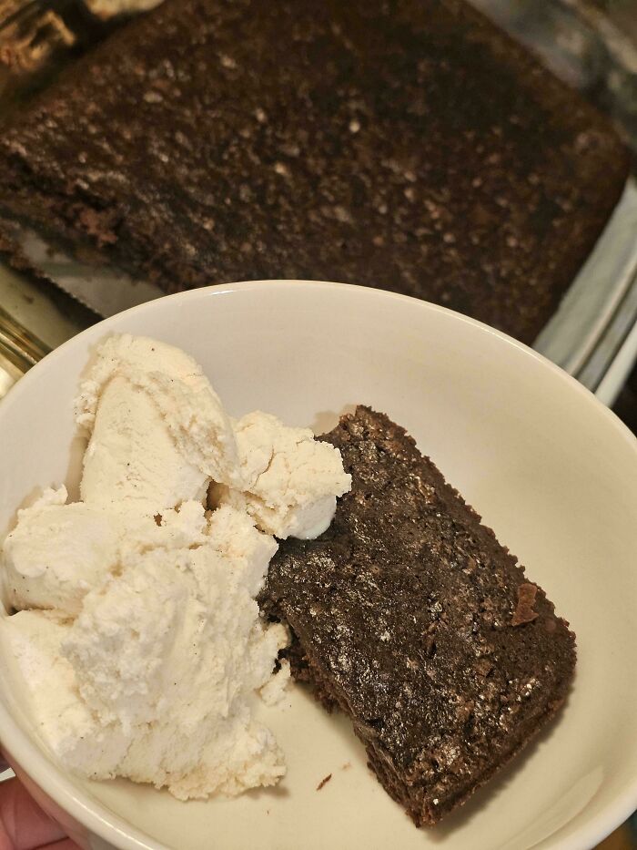 A bowl with vanilla ice cream and a brownie, depicting stupid vegan food that deserves to be shamed.
