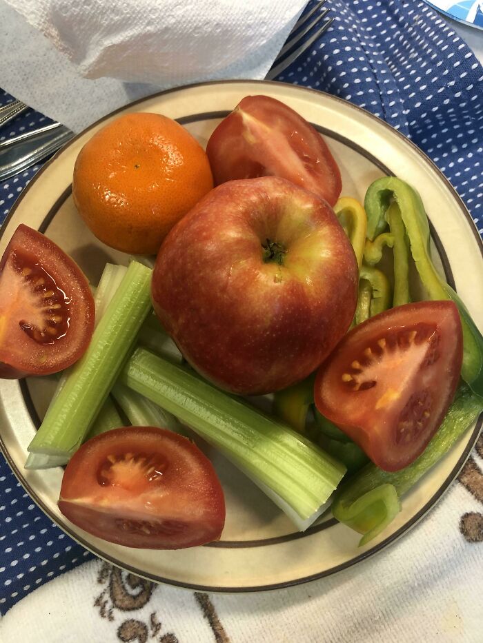 A plate of raw fruits and vegetables, including an apple, orange, tomatoes, celery, and bell pepper, representing stupid vegan food.