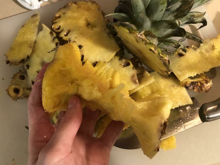 A hand holding a piece of pineapple core and rind, with more pineapple scraps in the background, showcasing stupid vegan food.