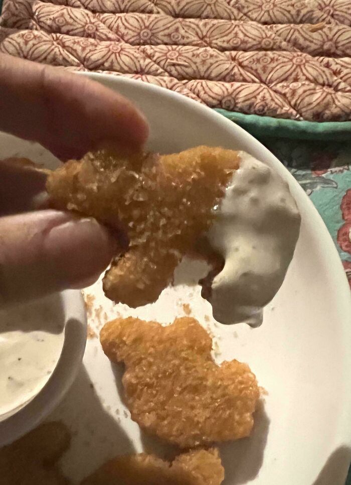 A hand holds a dinosaur-shaped vegan food nugget dipped in white sauce, part of stupid vegan food.