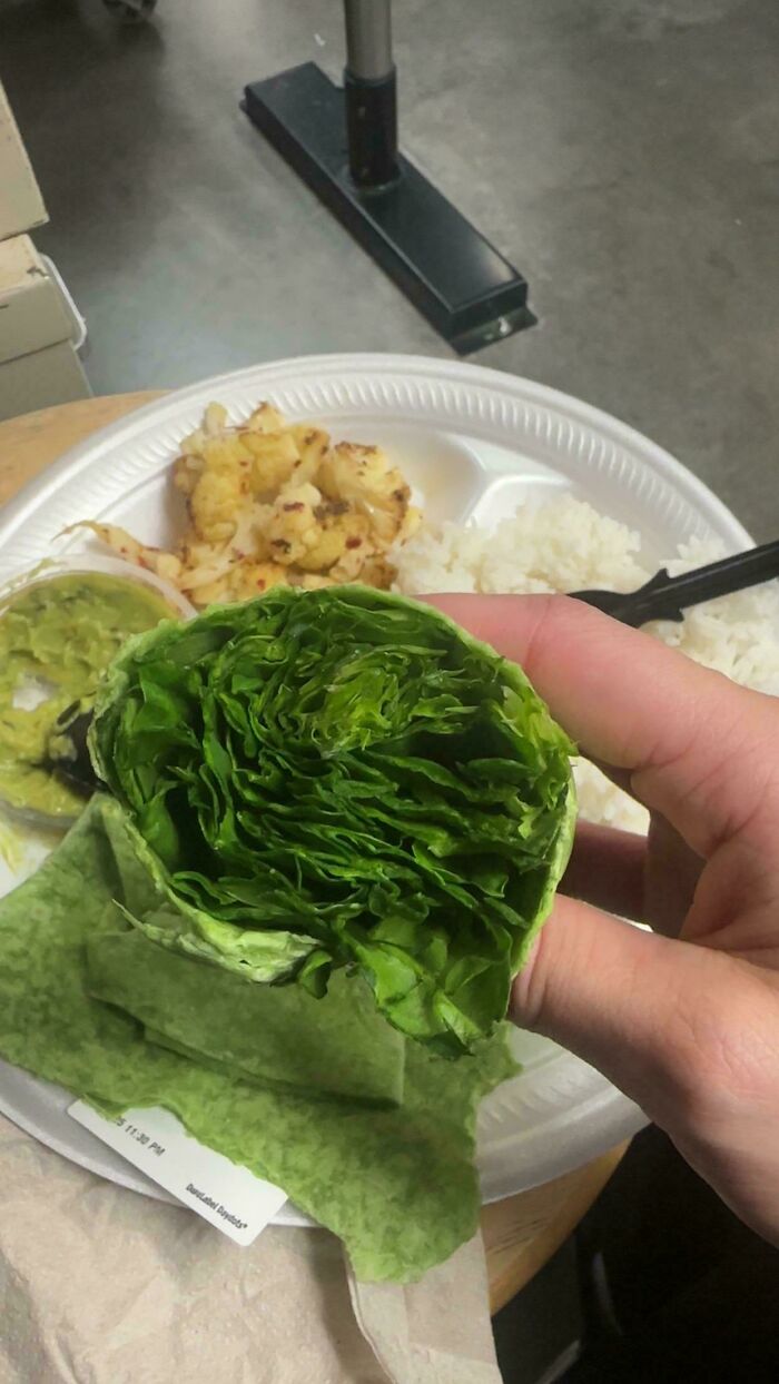 A hand holding a lettuce wrap, part of a plate of vegan food that deserves to be publicly shamed for its dullness.