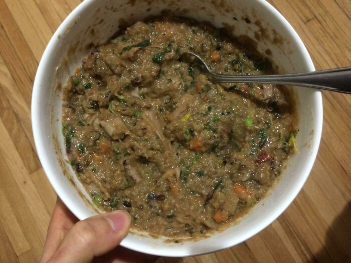 A bowl of unappetizing vegan food with a spoon, highlighting the concept of stupid vegan food.