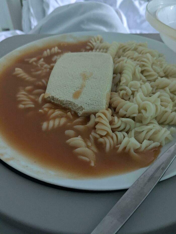 A plate of plain pasta in a thin, watery red sauce, with a soggy, unidentifiable block of vegan food, deserving public shaming.